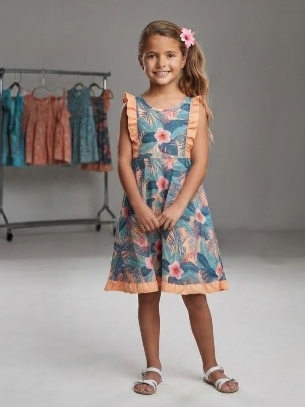Patpat Tropical Floral Ruffle Crisscross Back Summer Sundress Vacation Sz 8-9 Yr